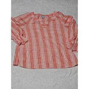 Tommy Bahama Women X Small Coral and White Striped Long Sleeve Shirt Blouse